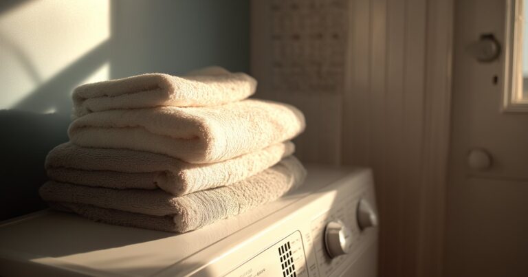 A stack of folded towels on top of a white clothes dryer in warm afternoon light