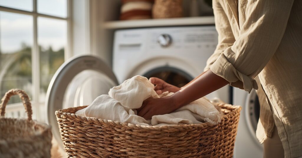 A person lifting folded white towels from a woven basket in front of an open front-load washing machine in a bright laundry room