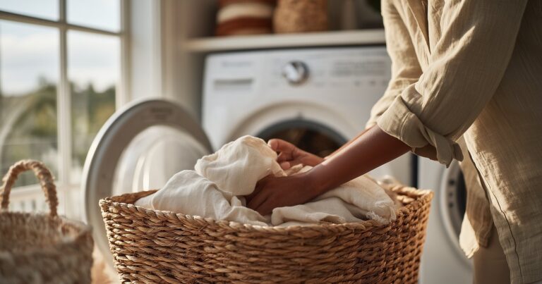 A person lifting folded white towels from a woven basket in front of an open front-load washing machine in a bright laundry room