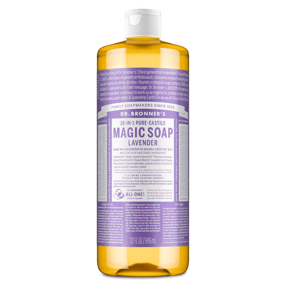 Dr. Bronner's Pure-Castile liquid soap in lavender, made with organic and fair-trade ingredients