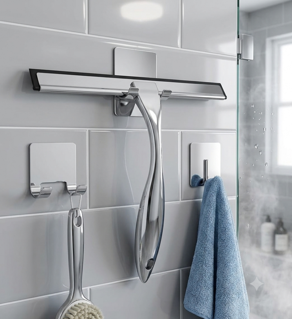 All-purpose stainless steel squeegee with adhesive mount for household windows, showers, and tile