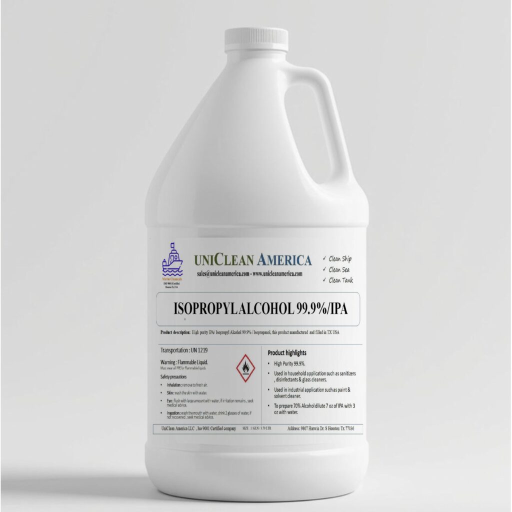 UniClean 99% anhydrous isopropyl alcohol for industrial cleaning, electronics, and disinfecting